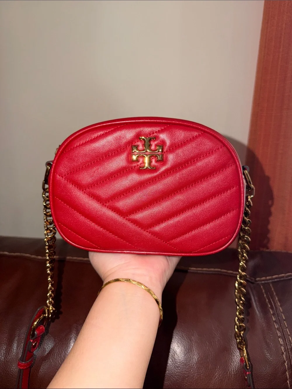 ‼️Tory Burch Kira Chevron Red Leather Camera Crossbody Bag